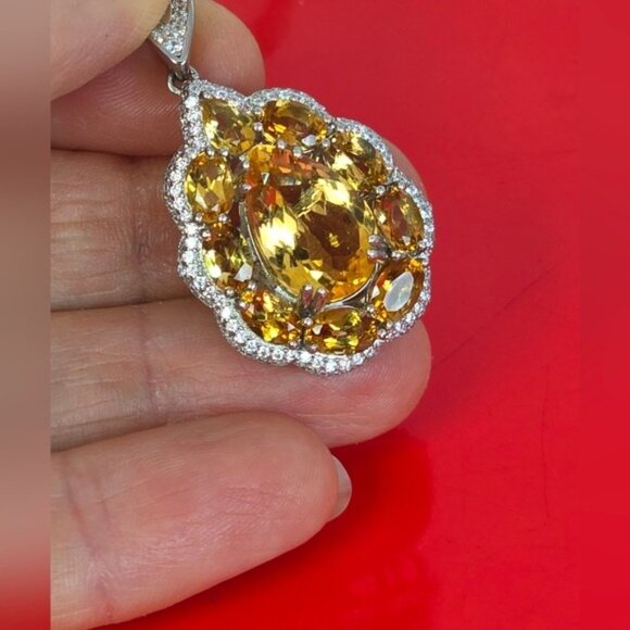 925 Sterling Silver Large Pendant 3x2cm with Natural Citrine Gem & Cz - Picture 3 of 7